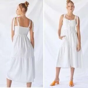 Urban Outfitters Positano Midi Dress Tie Shoulder White Pockets Linen Size M